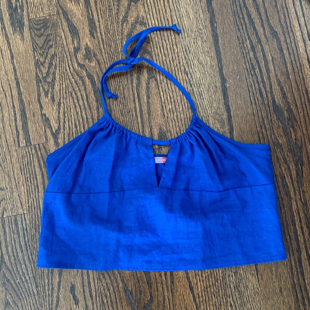 Blue open back shirt